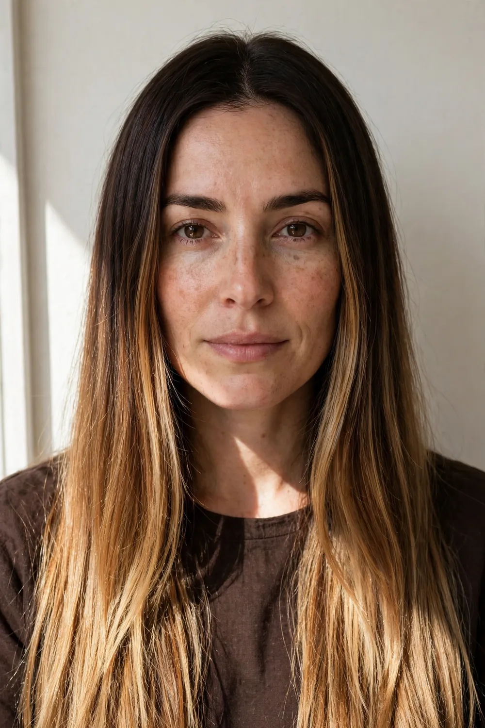 Woman with espresso roots melting into caramel blonde ends