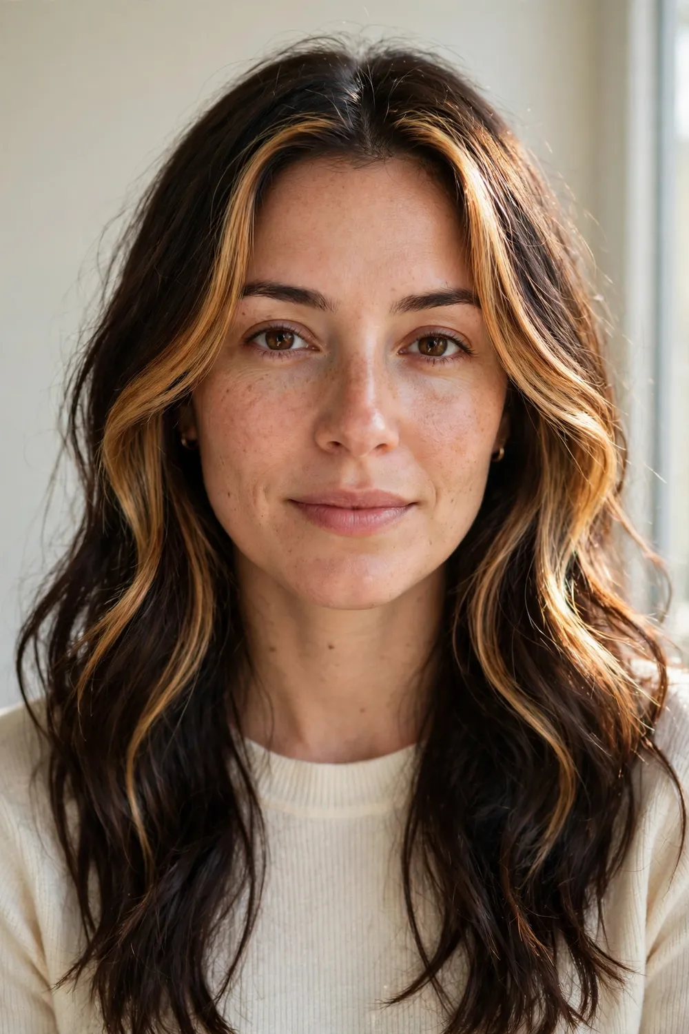 Woman with caramel face-frame highlights brightening the front sections of brown hair