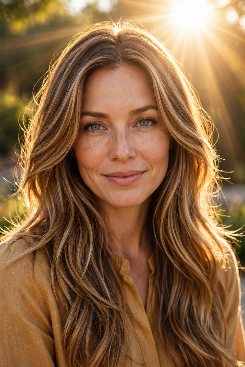 Woman with caramel blonde hair and golden honey highlights catching the light