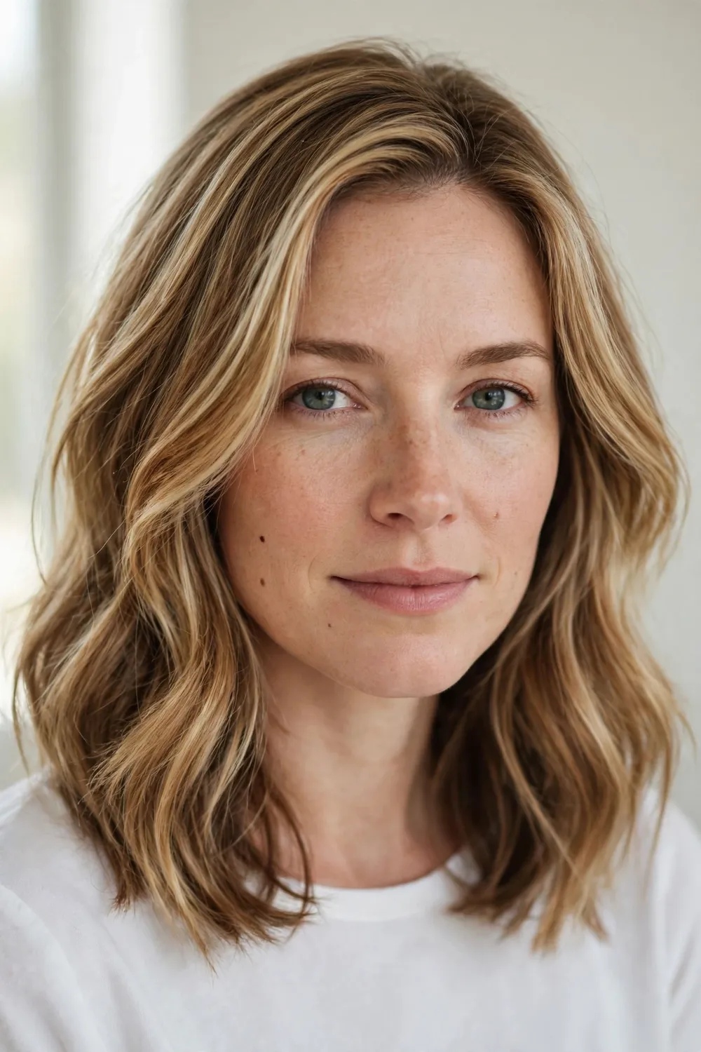 Woman with blonde hair and caramel lowlights adding warmth and dimension