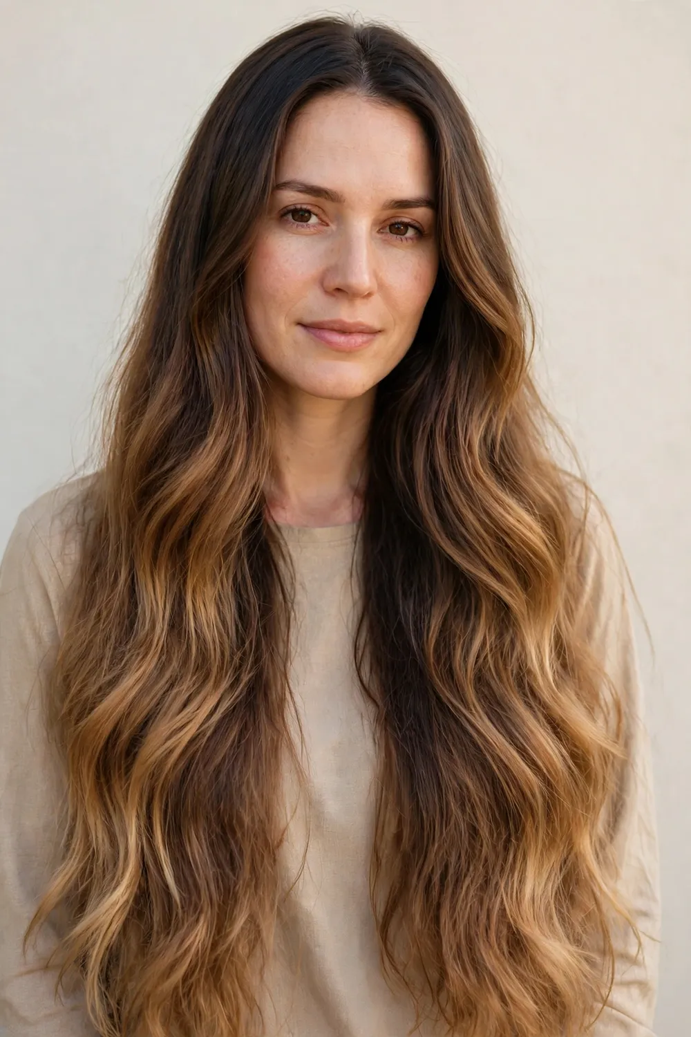 Woman with long hair in a caramel ombre gradient from dark roots to light ends