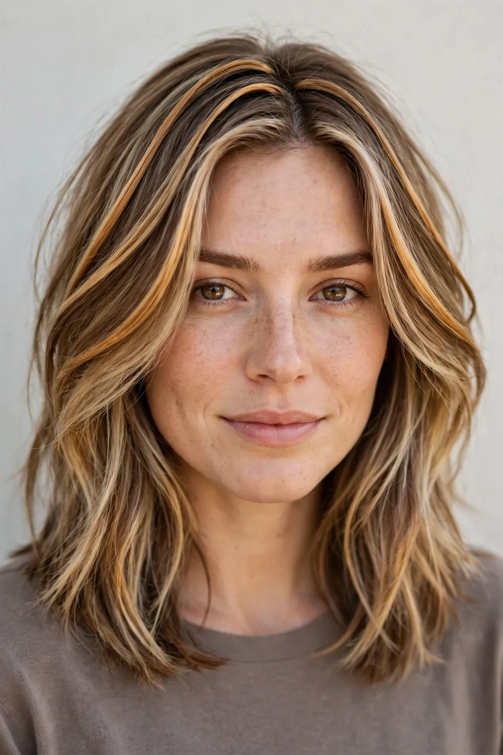 Woman with bronde hair and caramel ribbon highlights woven through