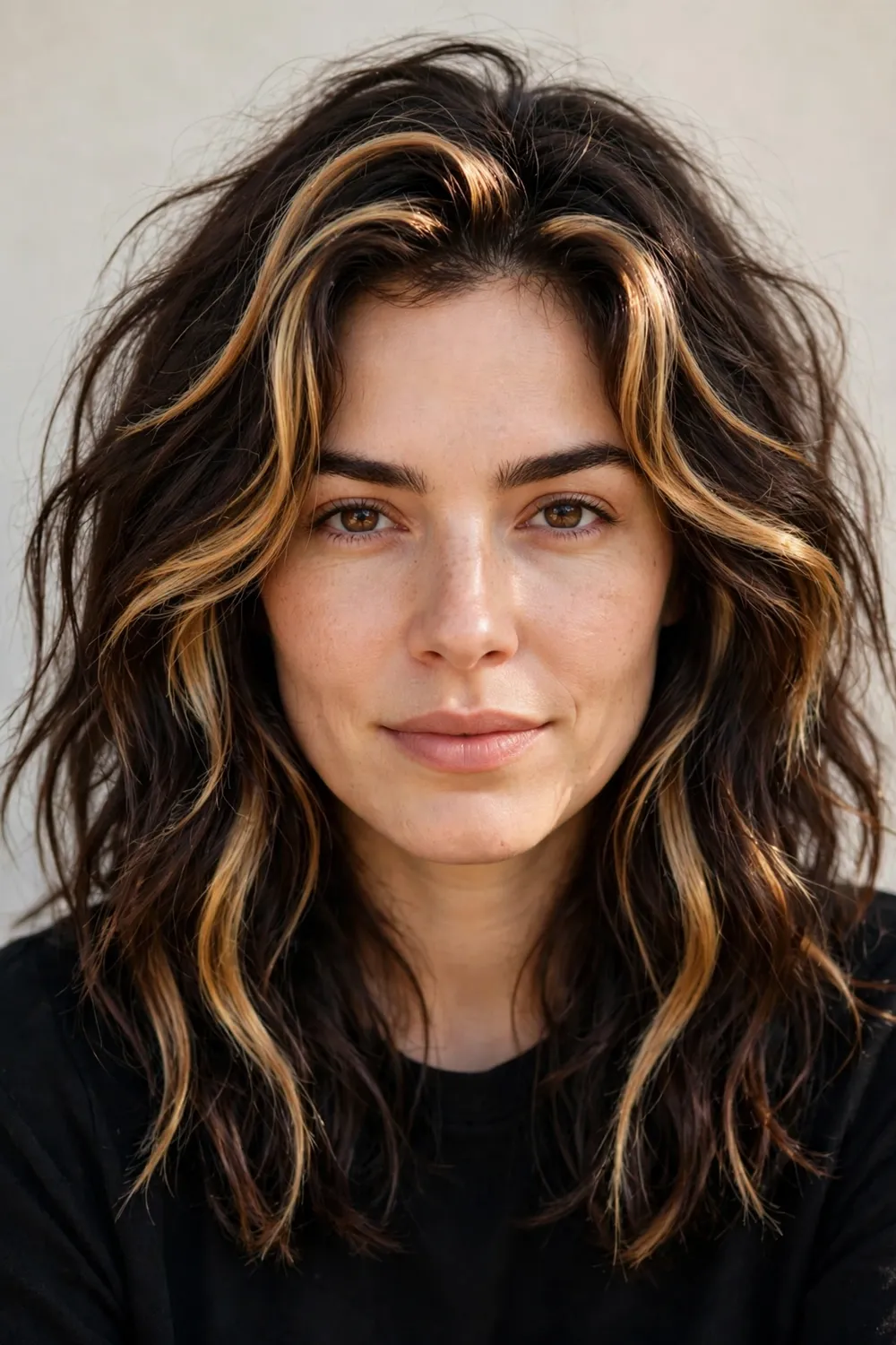 Woman with chunky caramel blonde highlights on a dark brown base