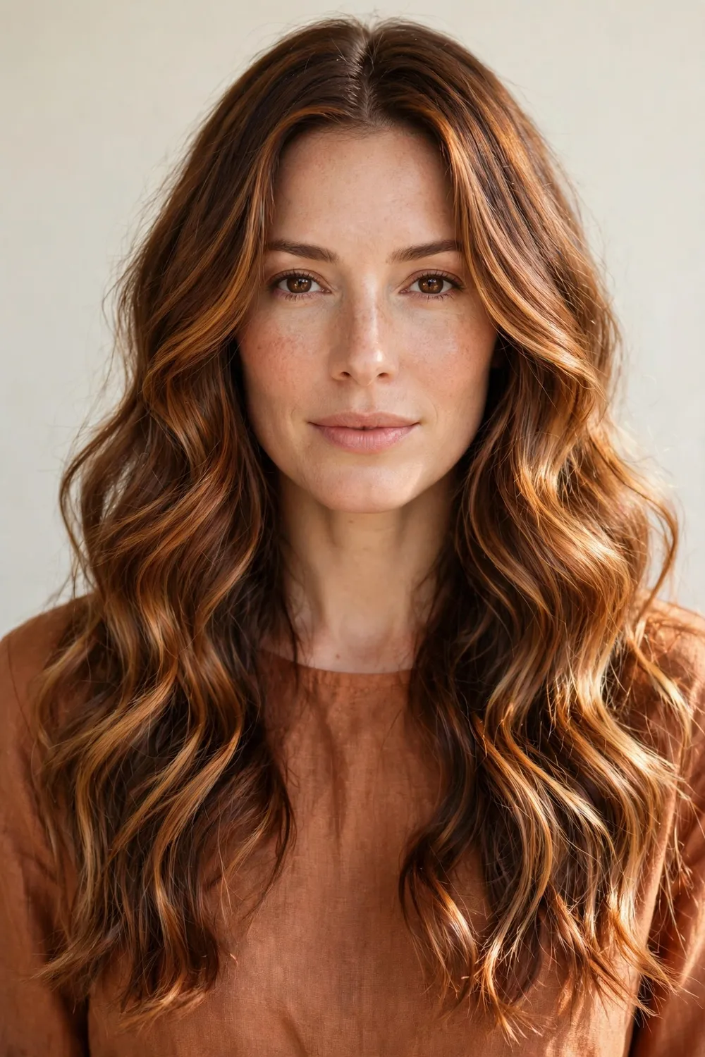 Woman with dark amber waves, rich warm caramel blonde in loose waves
