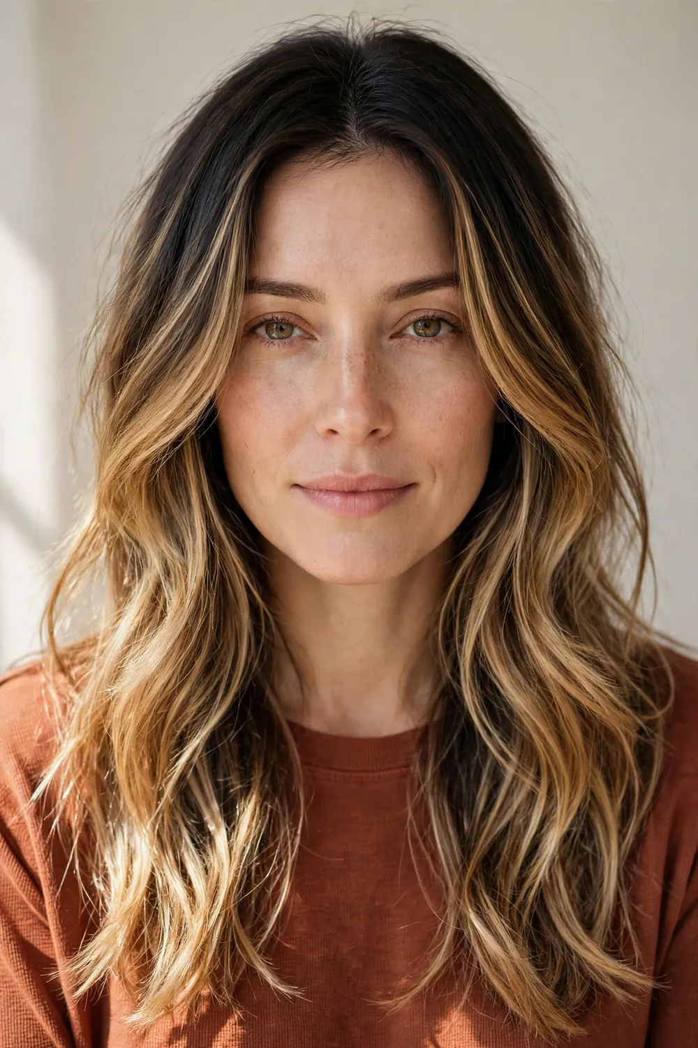 Woman with dark roots melting into caramel blonde highlighted ends