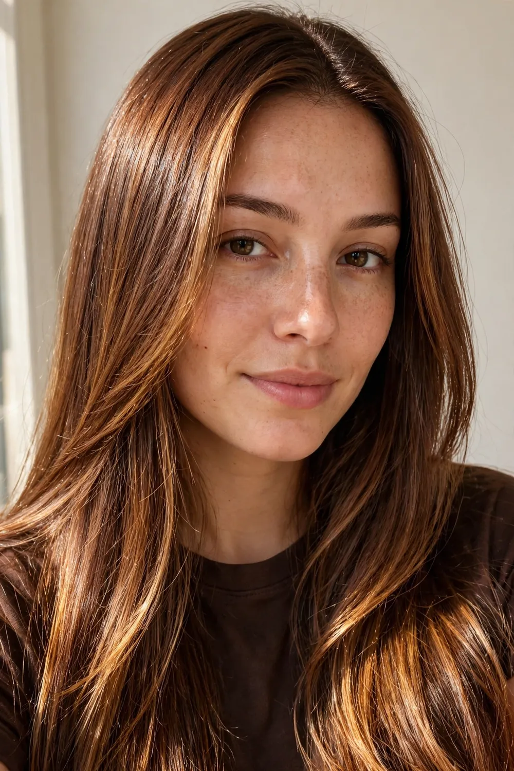 Woman with deep caramel glow hair, rich dark caramel with subtle highlights
