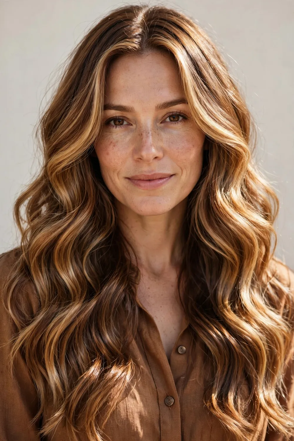 Woman with dimensional caramel hair blending multiple caramel shades in waves