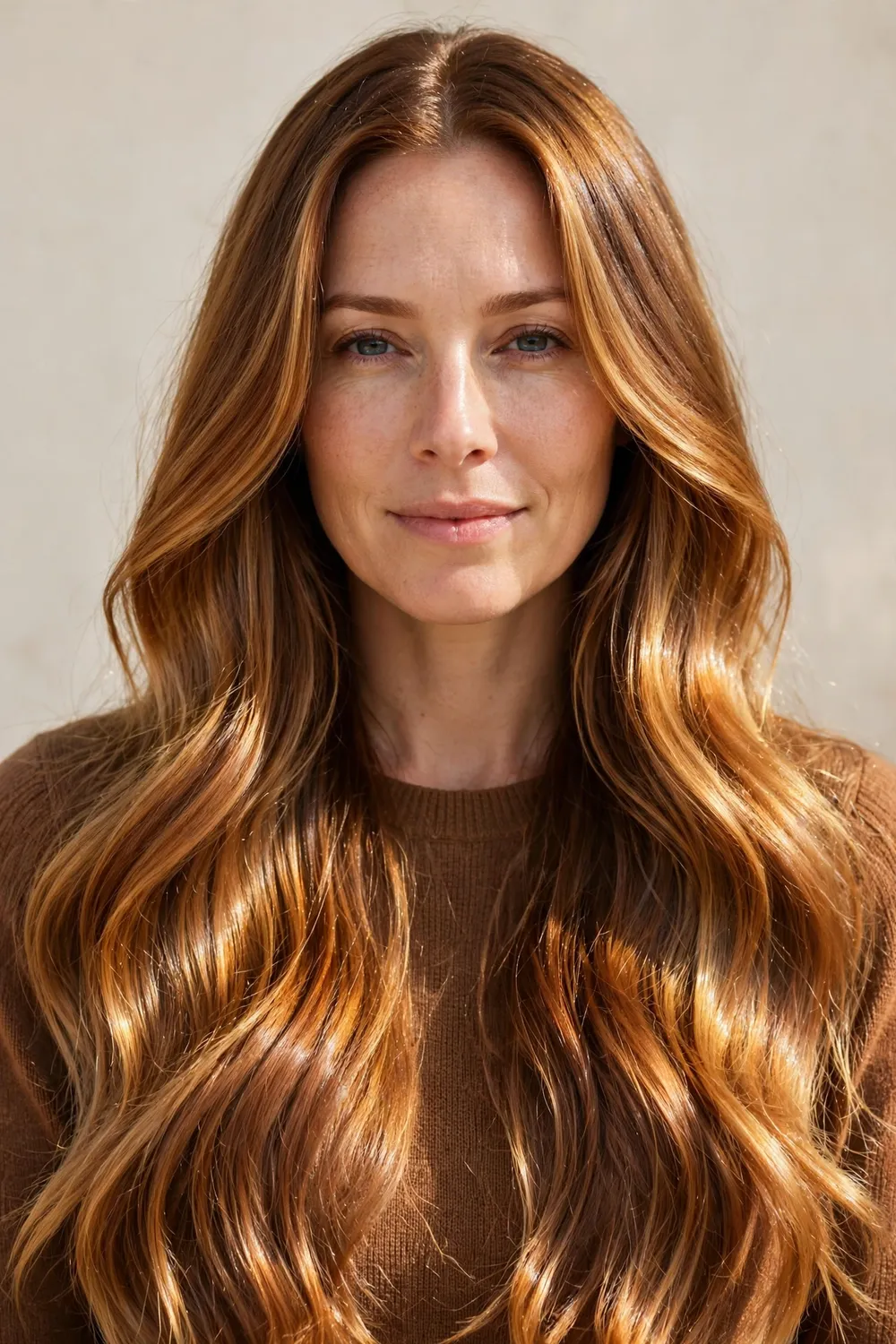Woman with long hair in a golden caramel melt with a molten glossy finish