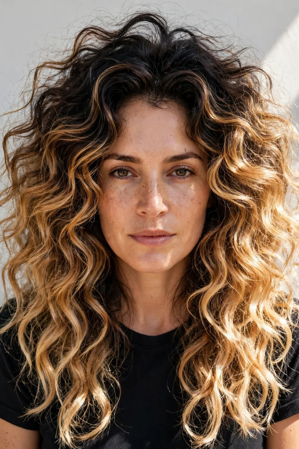 Woman with high-contrast caramel balayage, deep roots and bright caramel ends