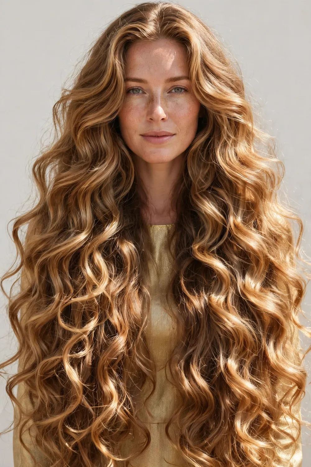 Woman with honey caramel swirls of blonde and caramel tones in long hair