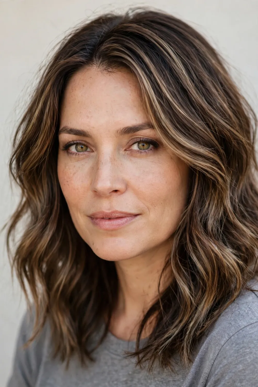 Woman with dark caramel blonde hair and smoky gold highlights