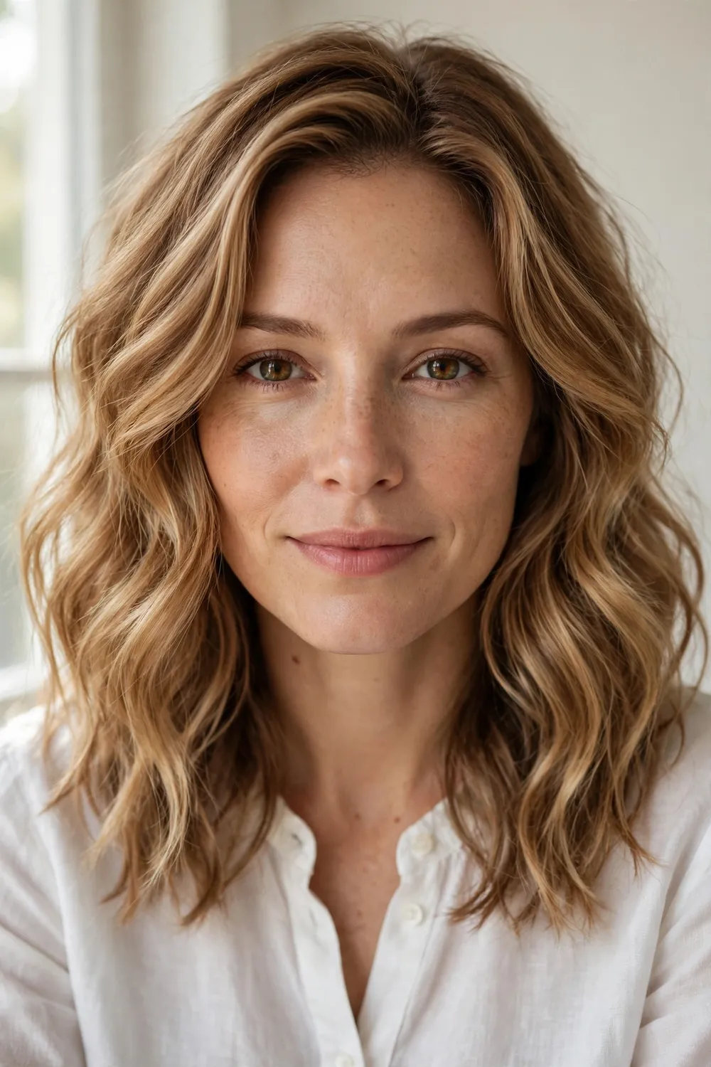 Woman with soft caramel blonde waves in medium-length hair