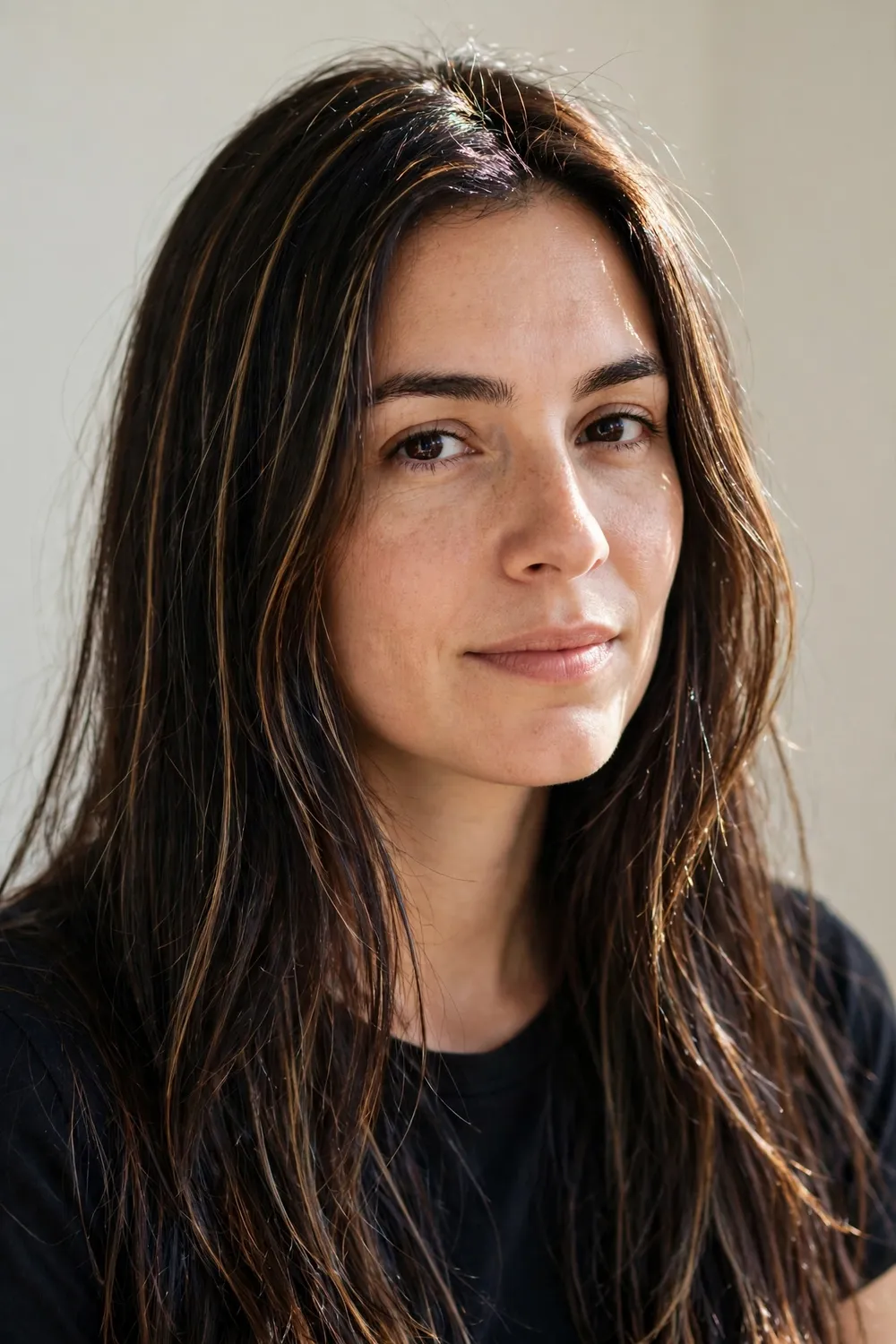 Woman with subtle streaks of caramel adding a sun-kissed glow to dark hair
