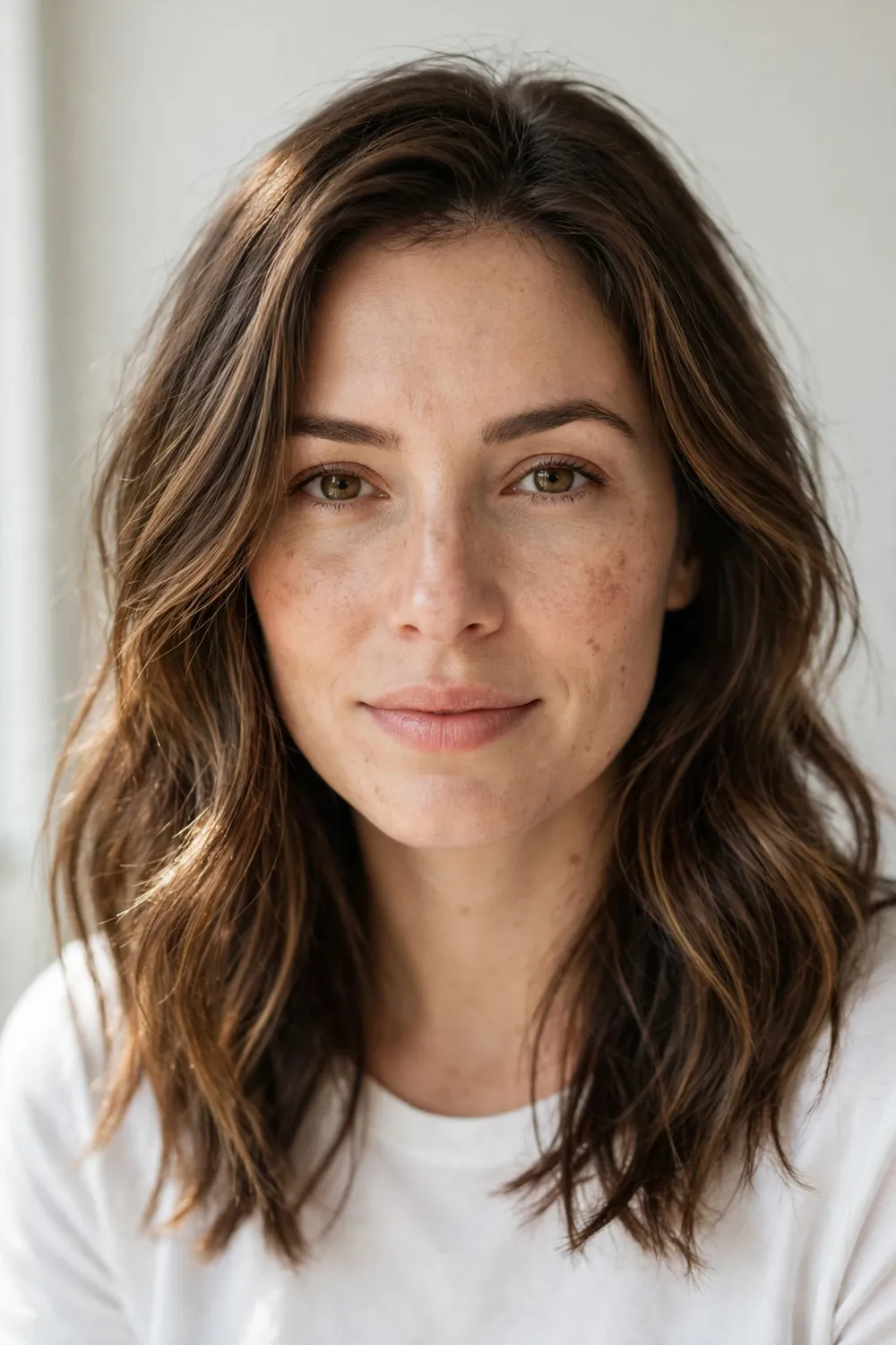 Woman with subtle caramel hues adding soft dimension to brown hair