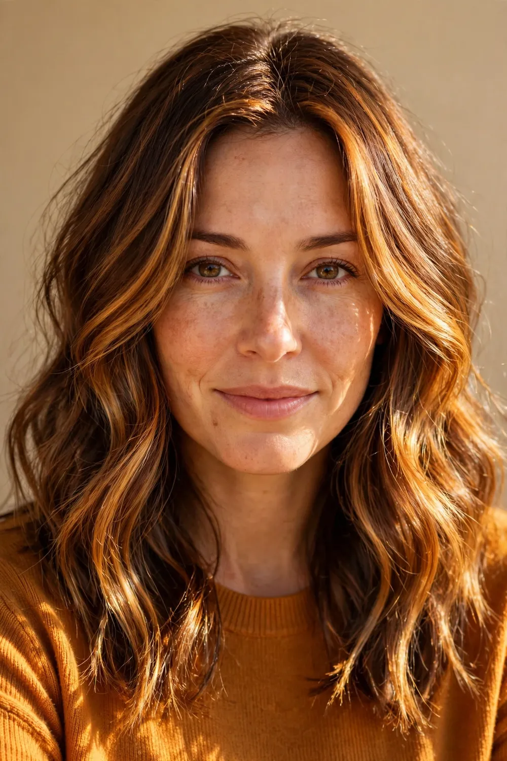 Woman with warm caramel splash highlights adding brightness to brown hair