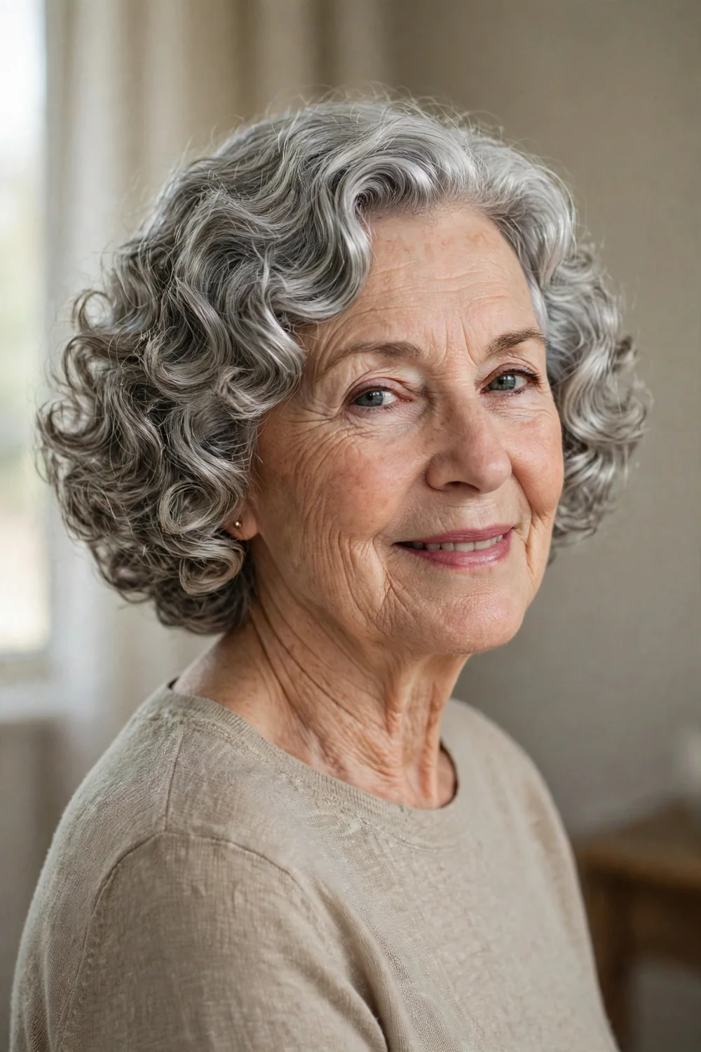 Classic defined curly bob on older woman with silver gray hair