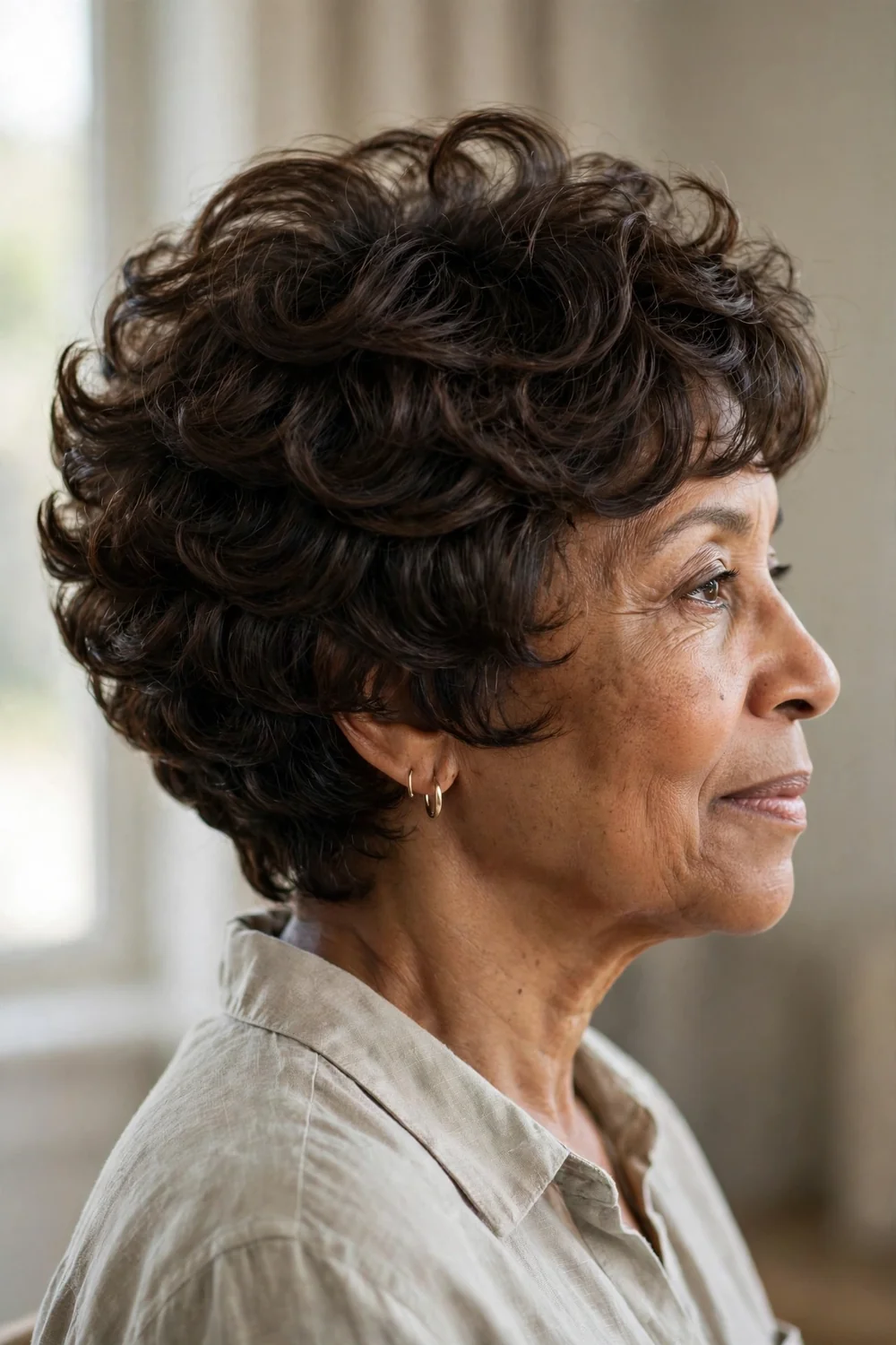Stacked curly bob with graduated back layers on older Black woman