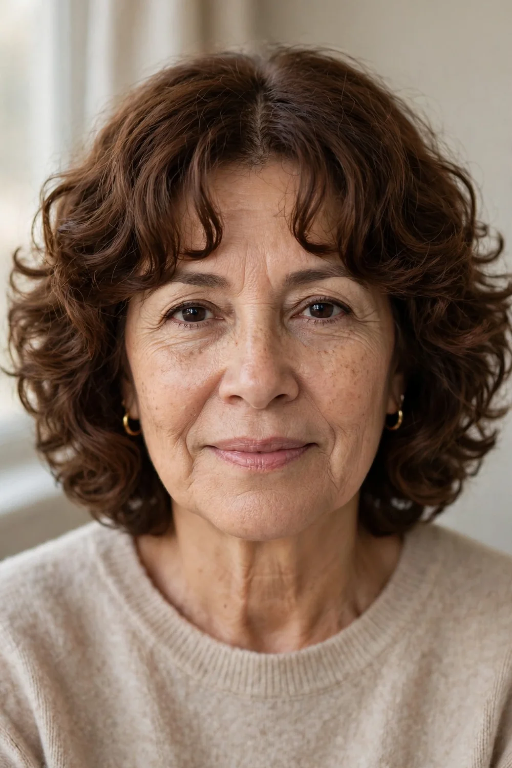Layered curly bob with curtain bangs on older woman