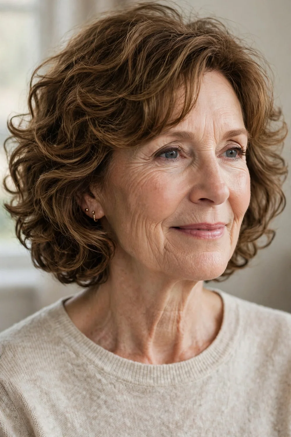 Layered curly bob with soft texture on older woman