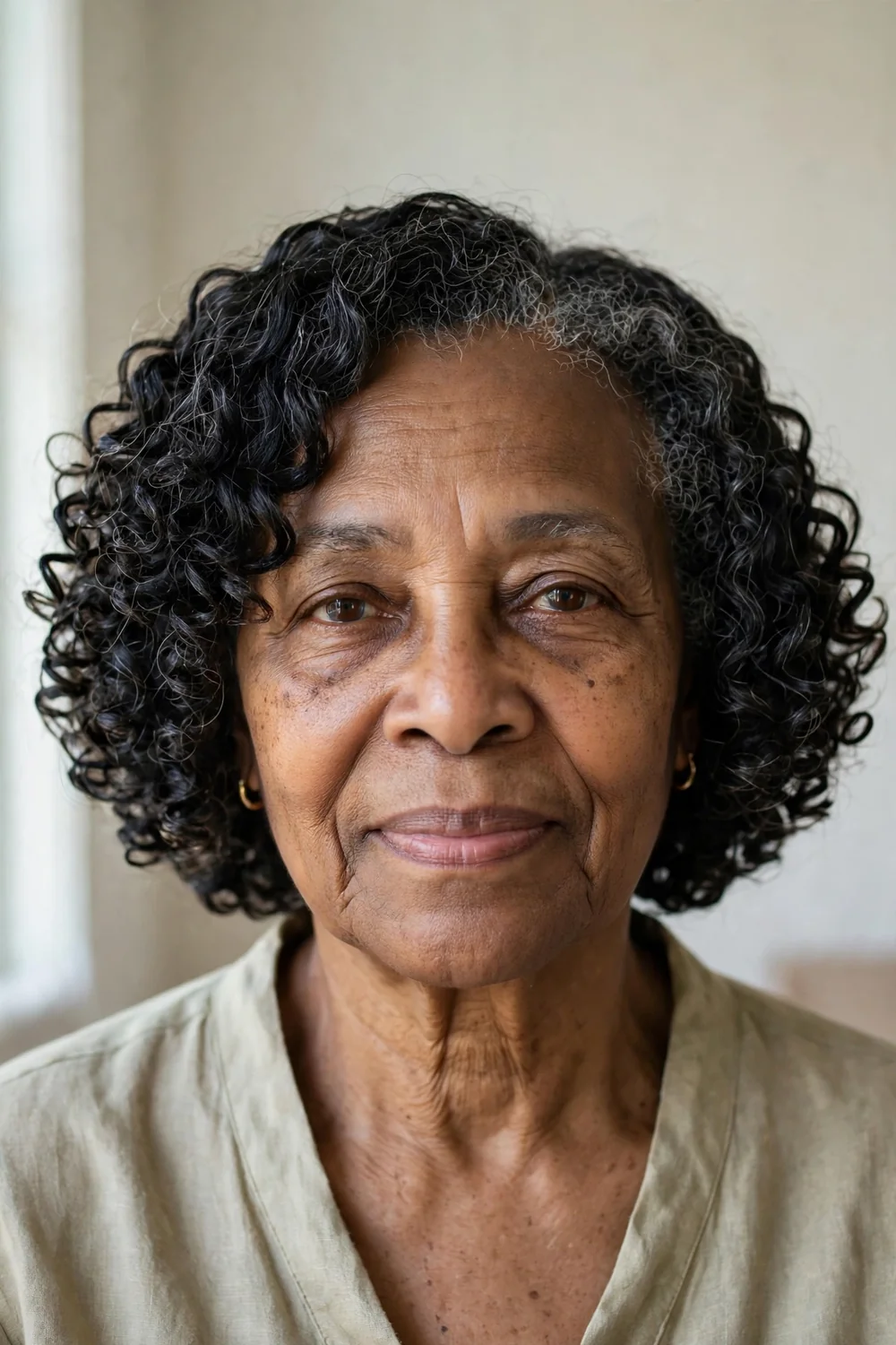 Jaw-length curly bob with tight ringlets on older woman