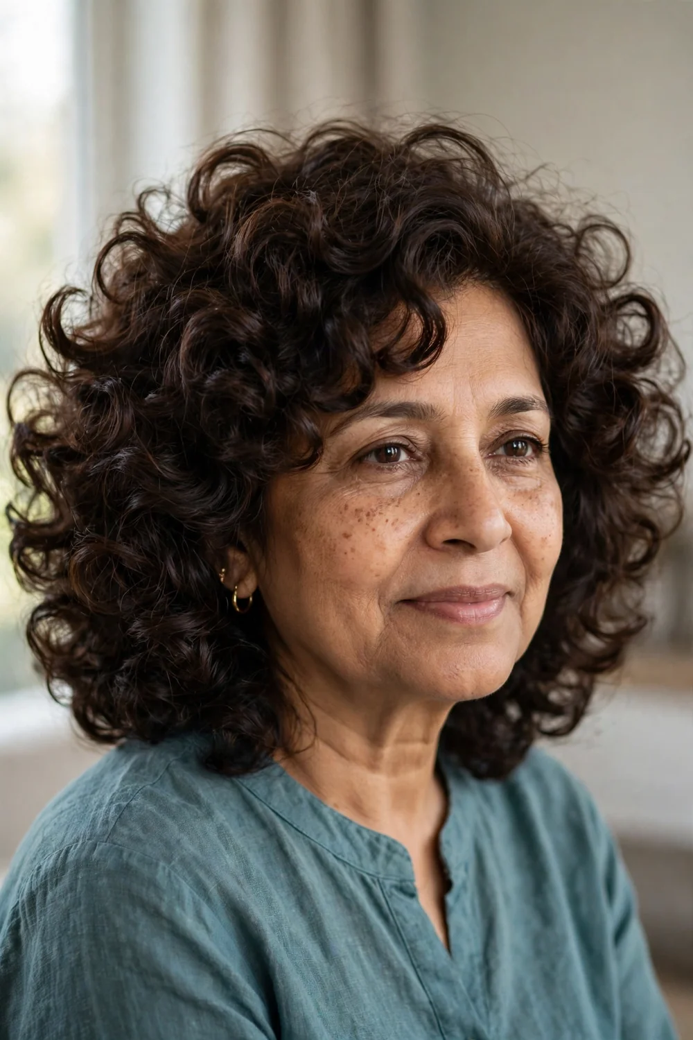 Voluminous curly bob with bold curls on older woman