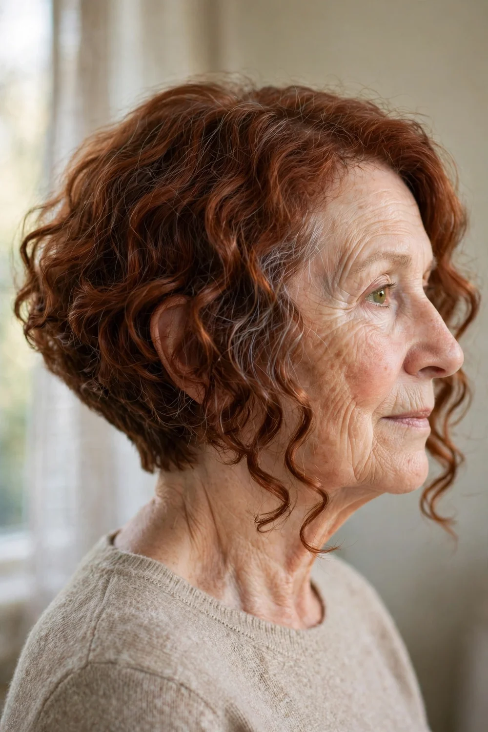 Angled A-line curly bob on older woman