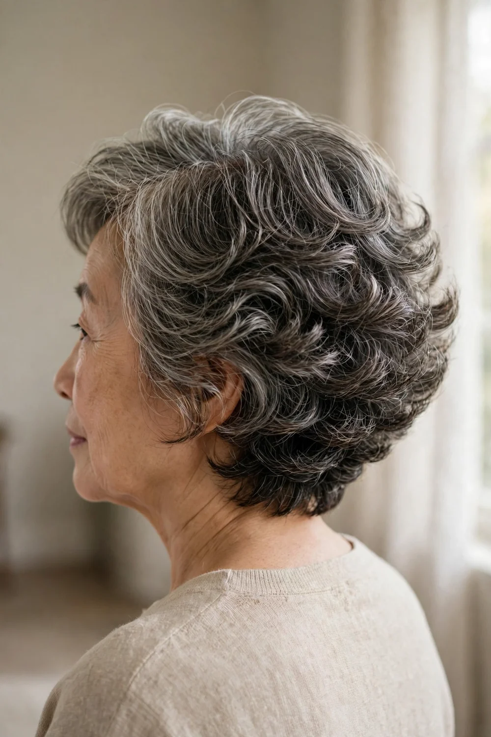 Graduated curly bob in salt-and-pepper on older woman