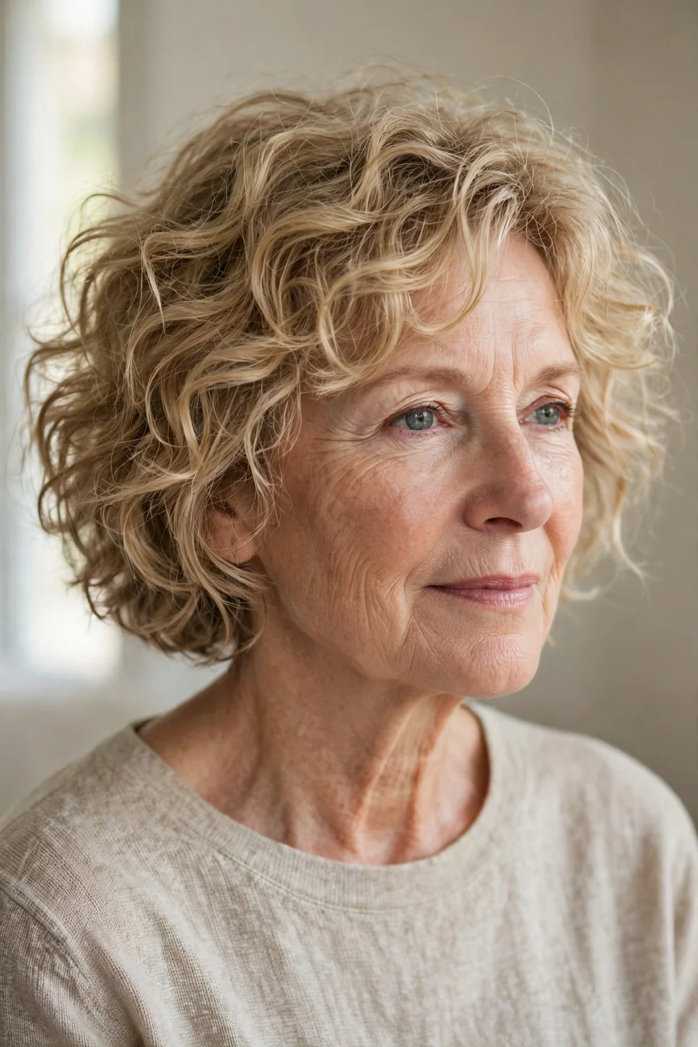Messy tousled curly bob on older woman