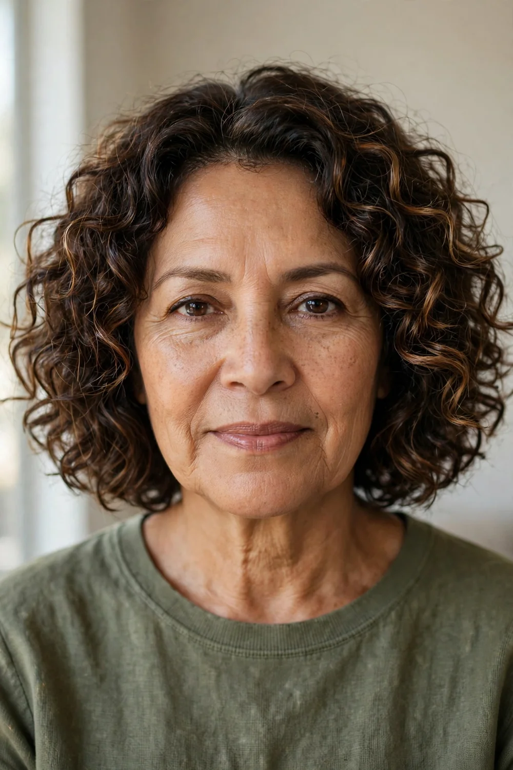 Curly bob with subtle highlights on older woman