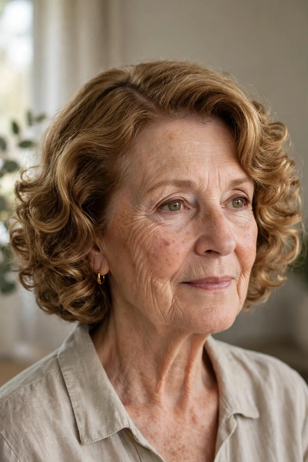 Side-parted curly bob on older woman