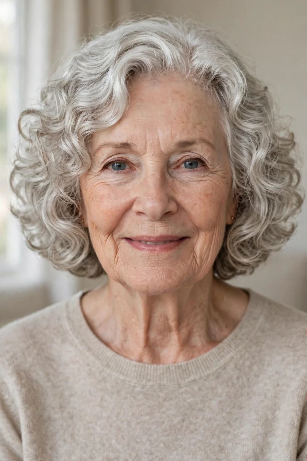 Natural gray and silver curly bob on older woman