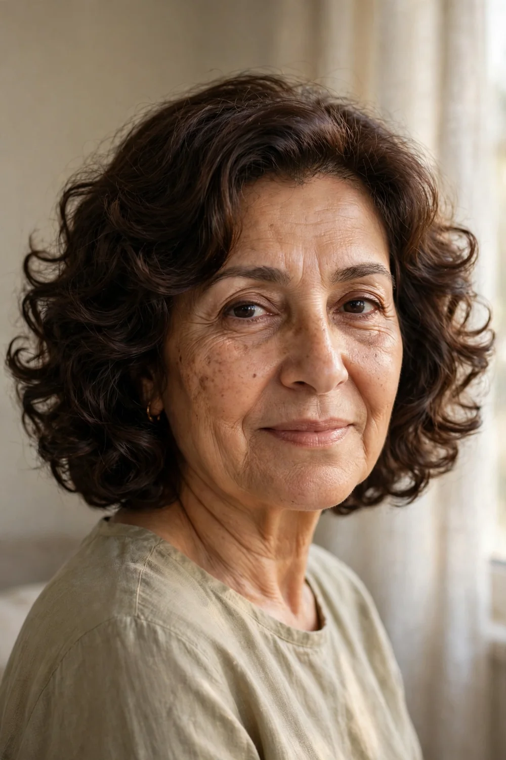 Curly bob with face-framing layers on older woman