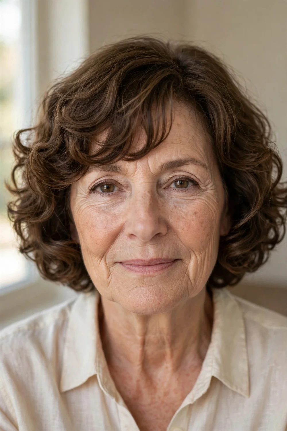 Curly bob with side-swept bangs on older woman