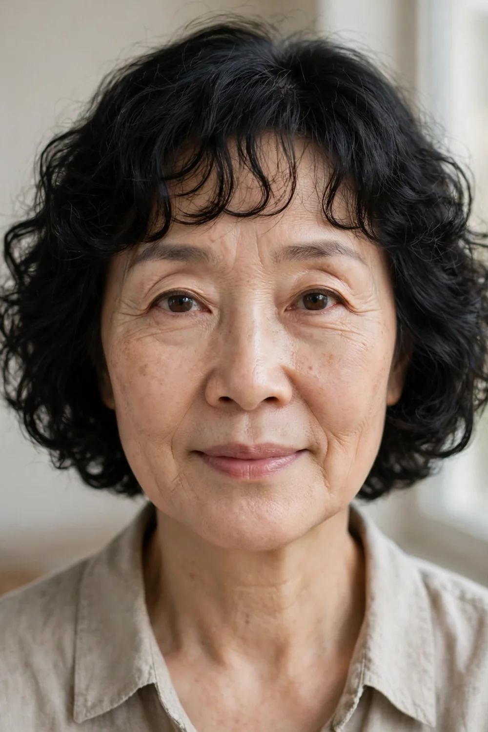 Curly bob with wispy bangs on older woman