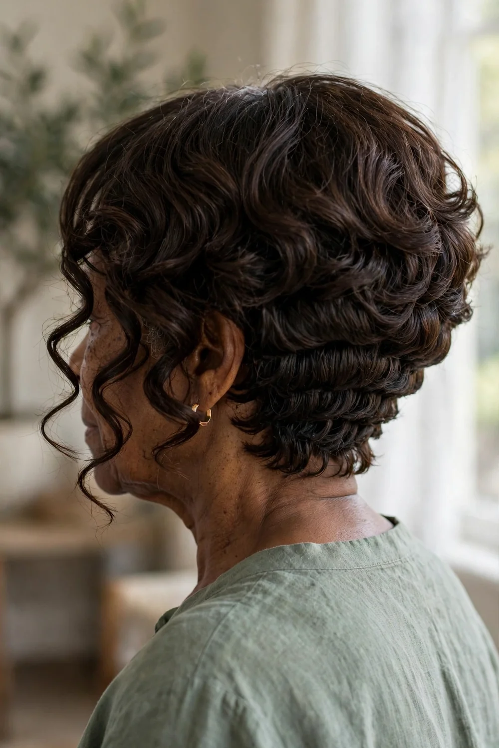 Inverted curly bob with layered back on older woman