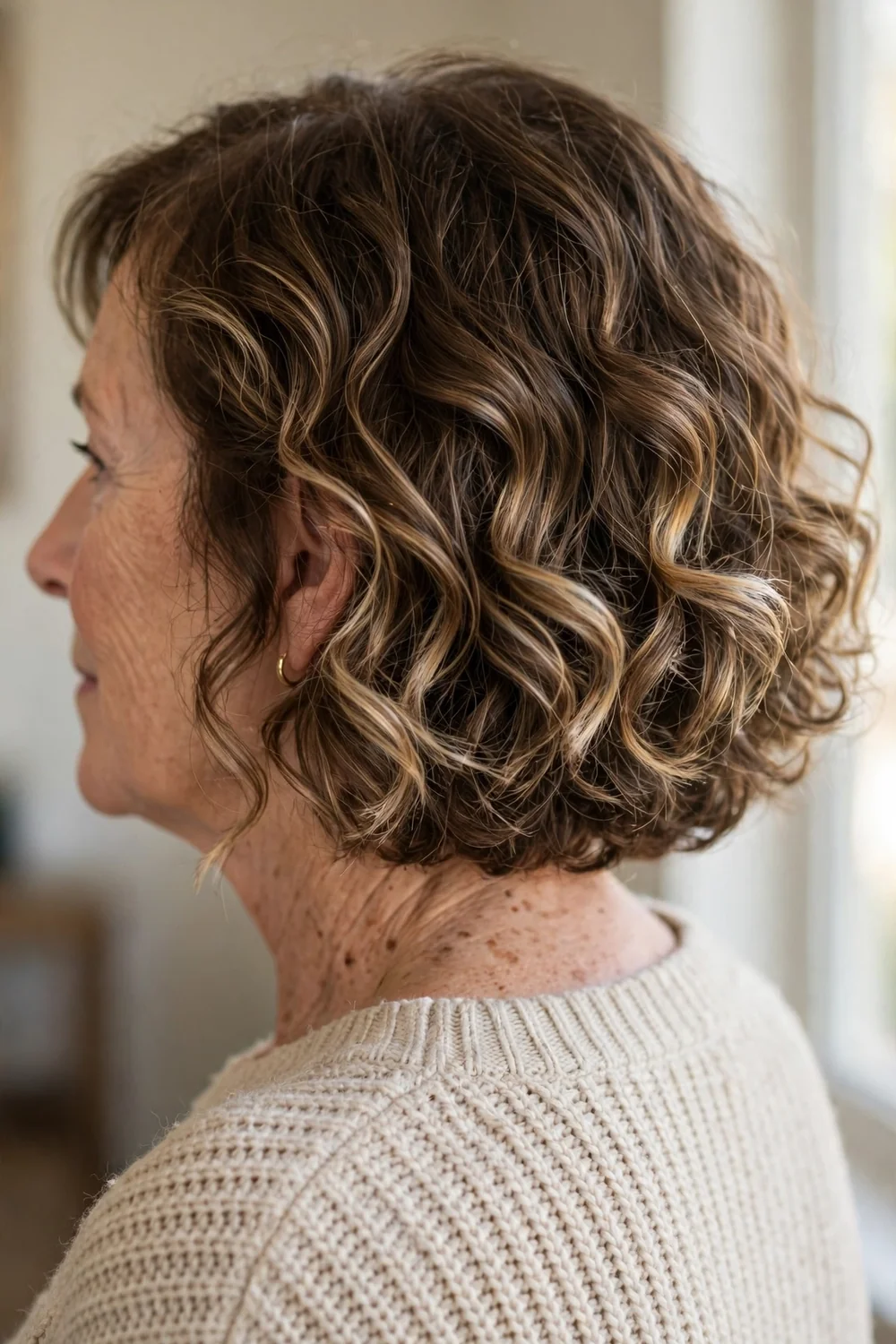 Curly bob with subtle balayage on older woman