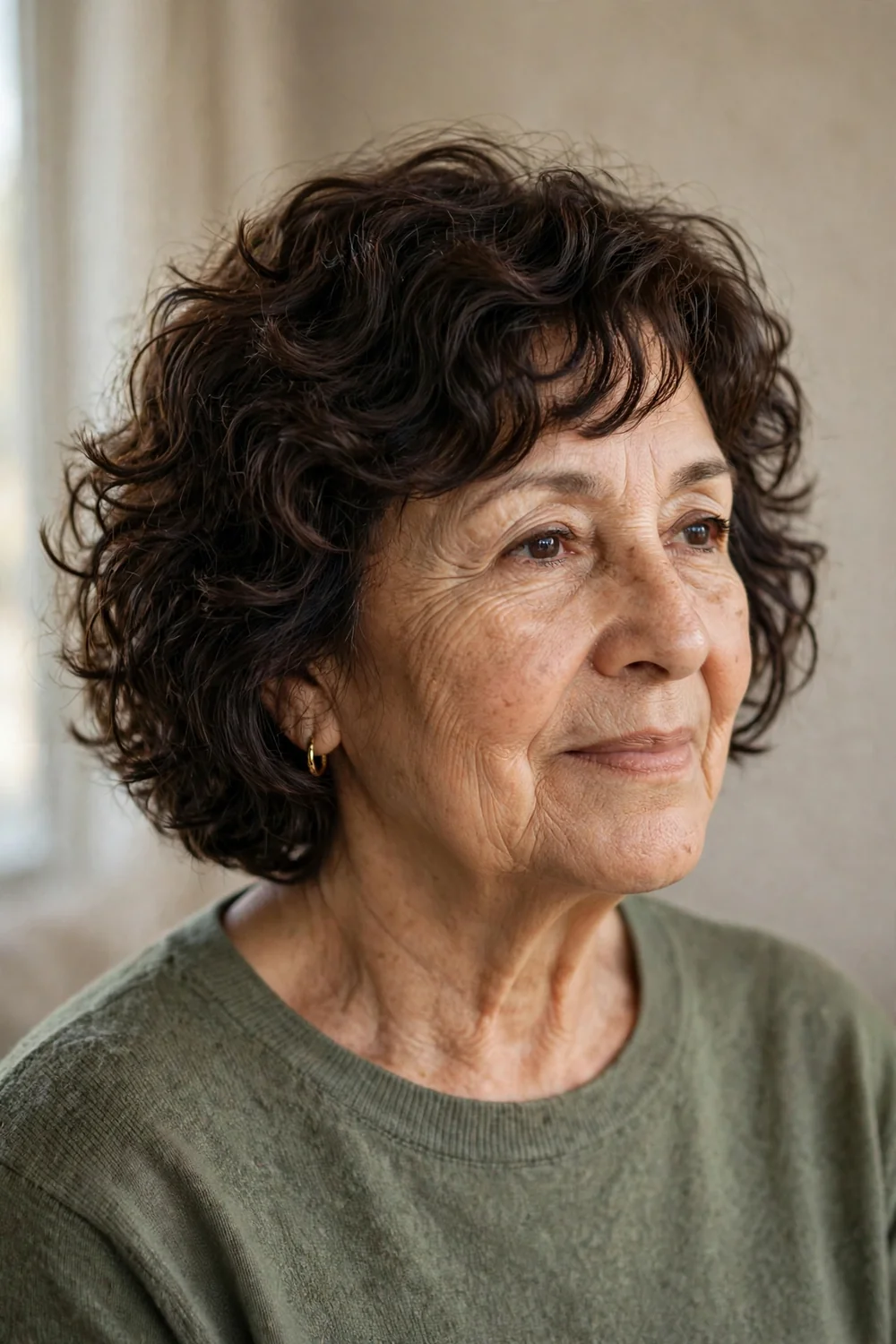 Curly bob with choppy layers and piecey texture on older woman