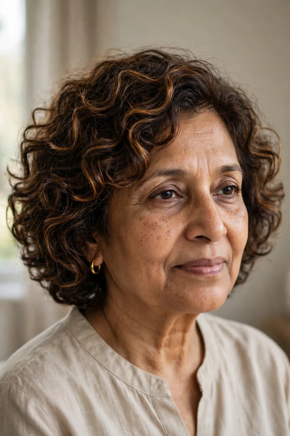 Curly bob with caramel highlights on older woman