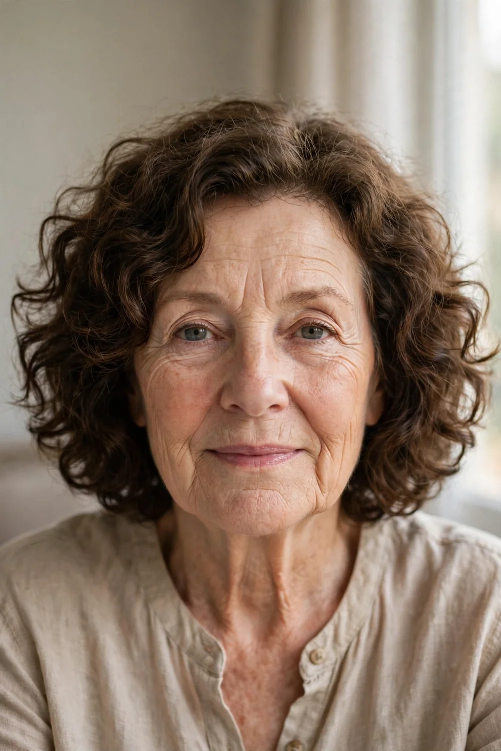 Curly bob with lowlights on older woman