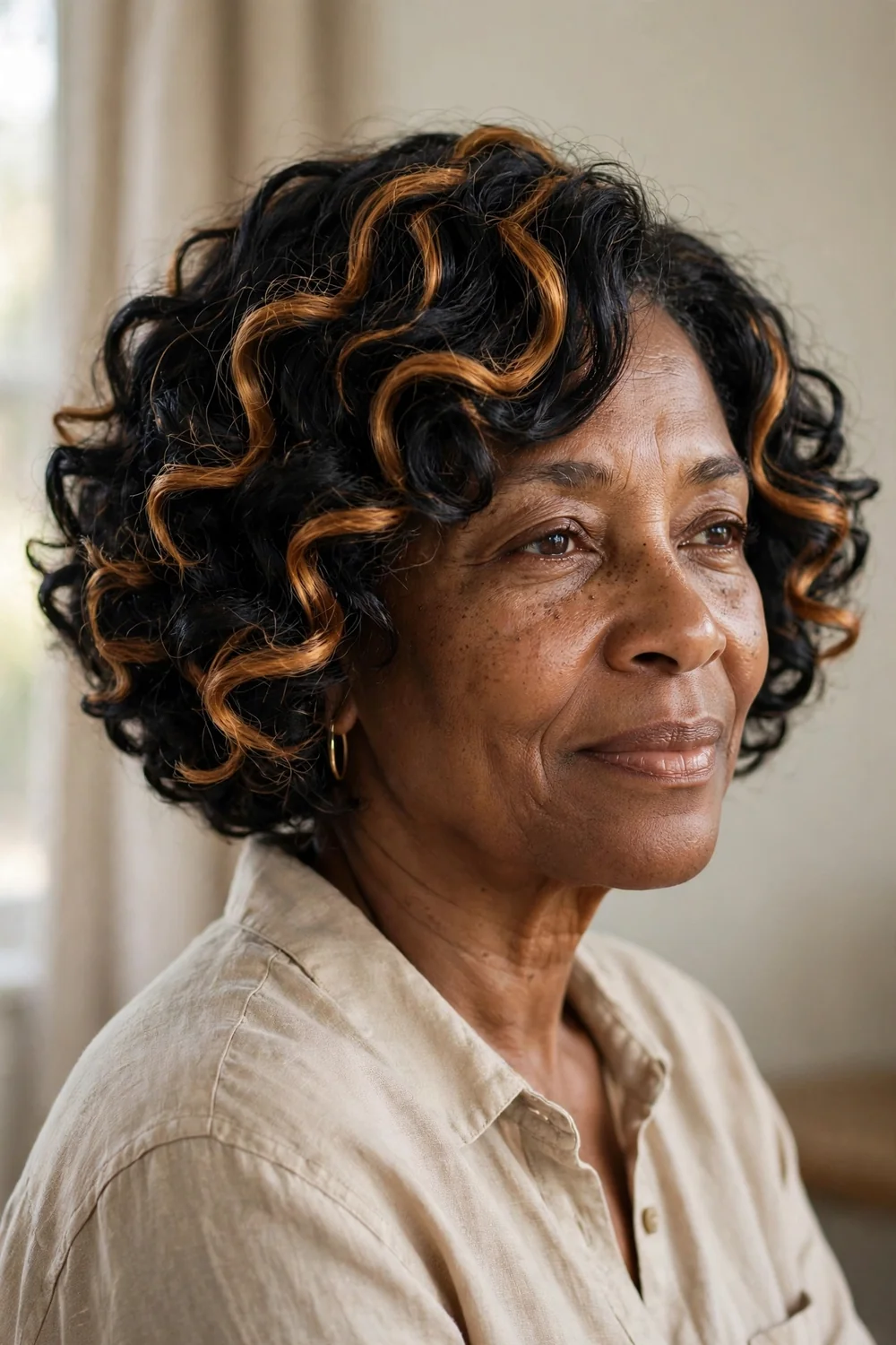 Curly bob with chunky highlights on older woman