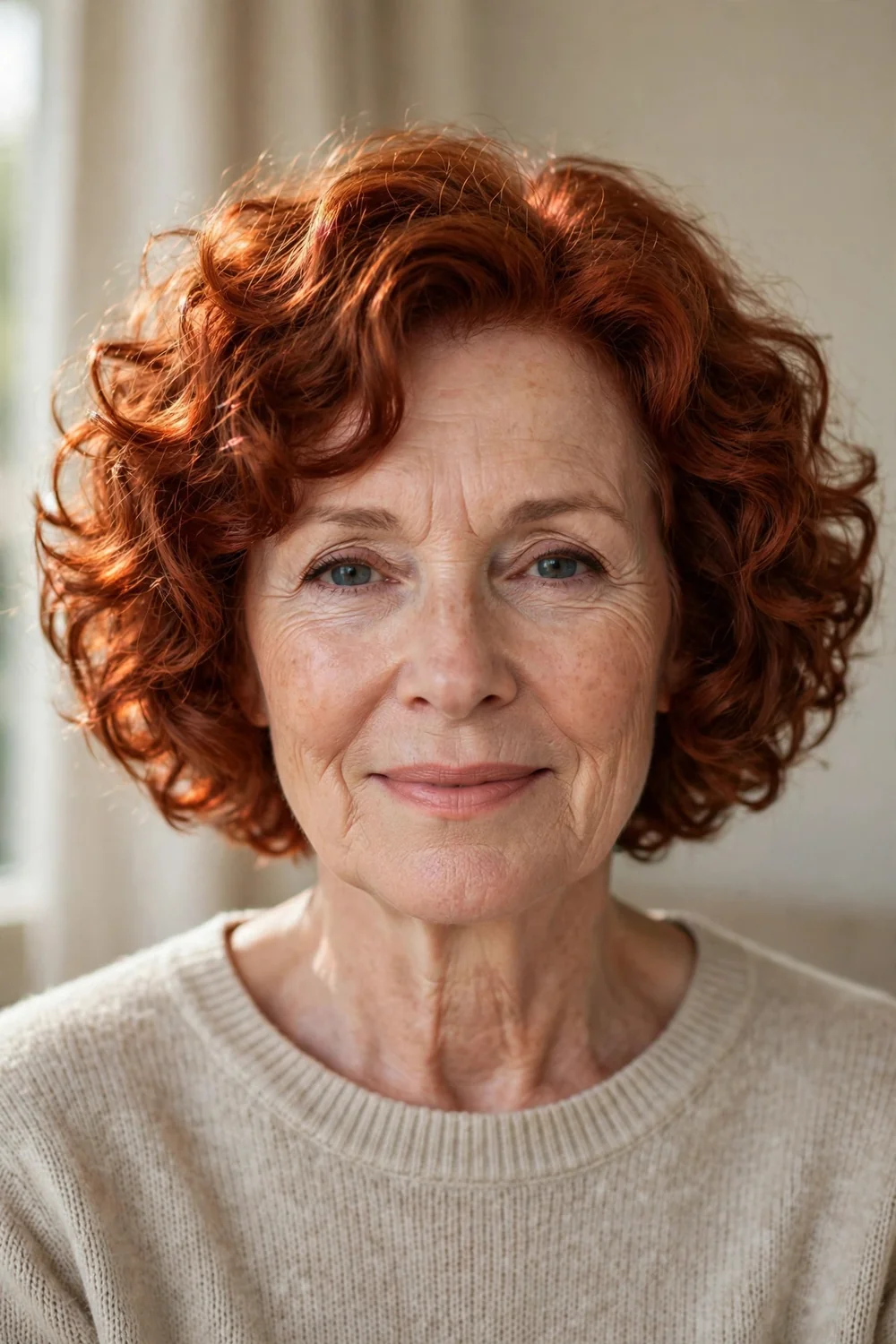Curly bob with red and auburn highlights on older woman