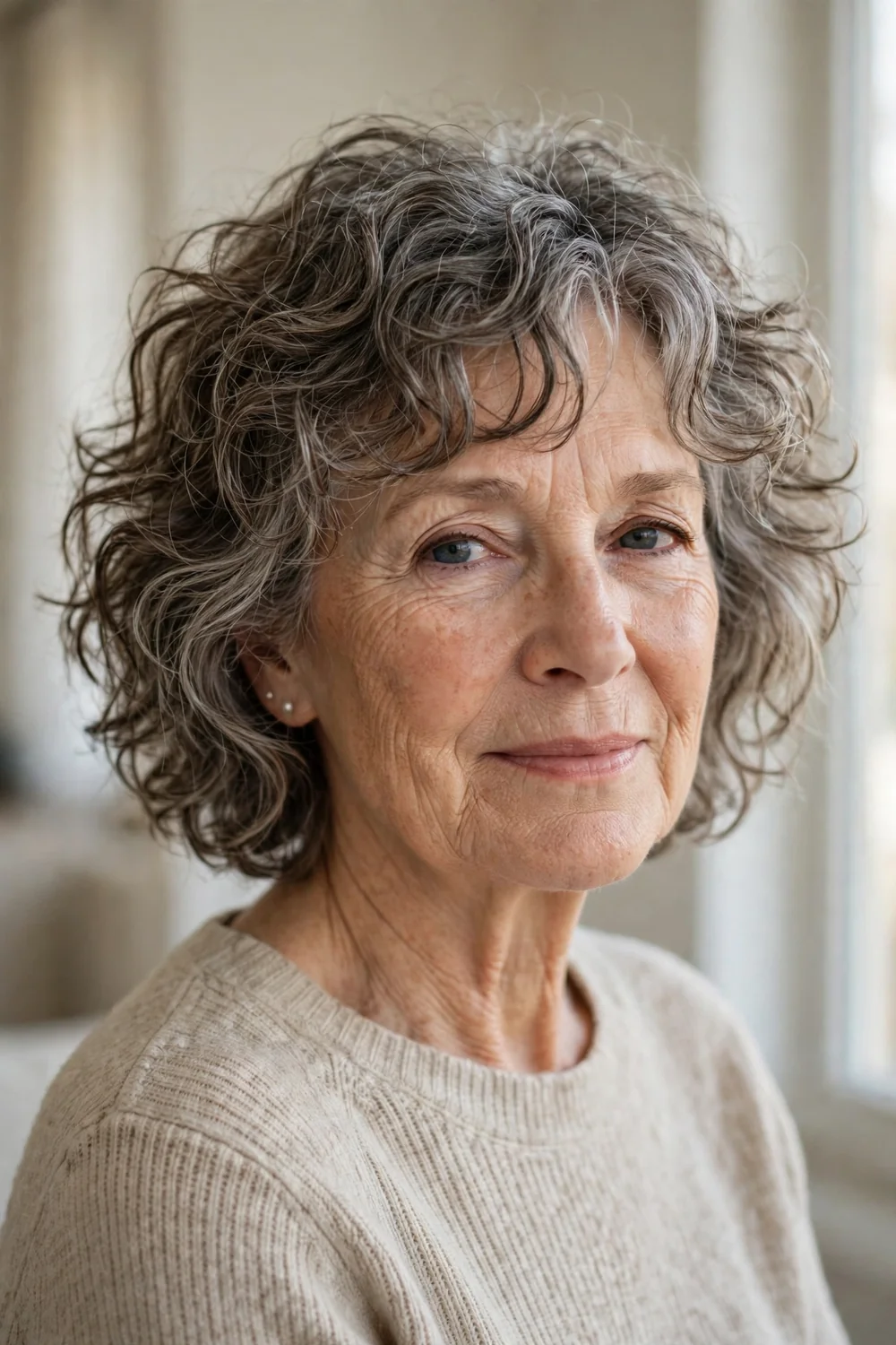 Shaggy curly bob in salt-and-pepper on older woman
