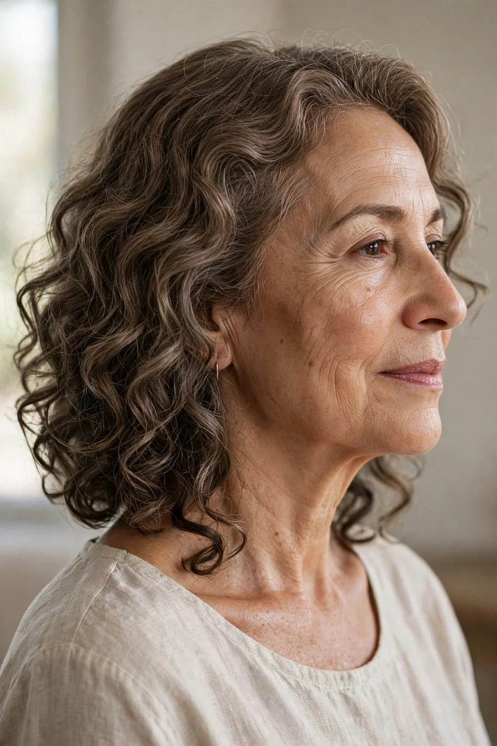 Curly lob at collarbone length on older woman