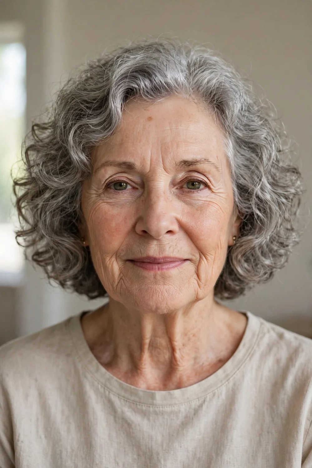 Low-maintenance wash-and-go curly bob on older woman