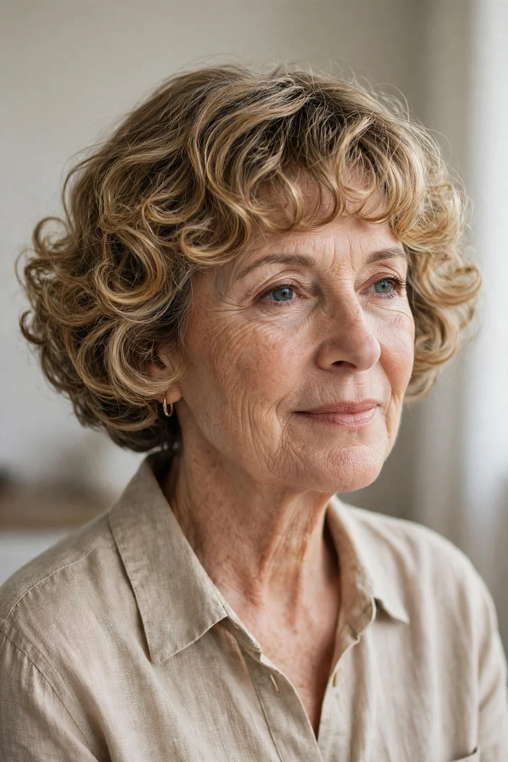 Curly French bob on older woman