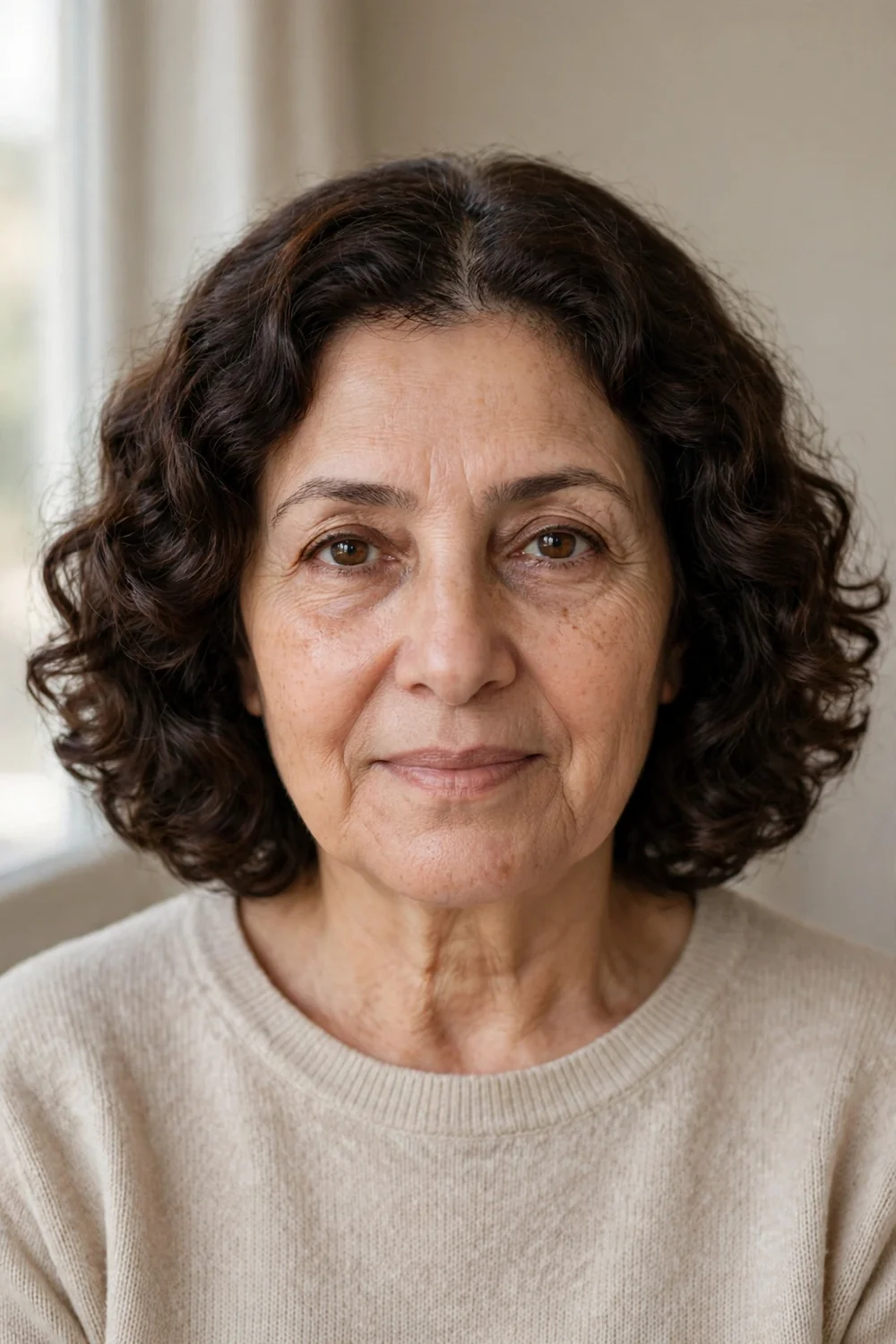 Middle-parted curly bob on older woman