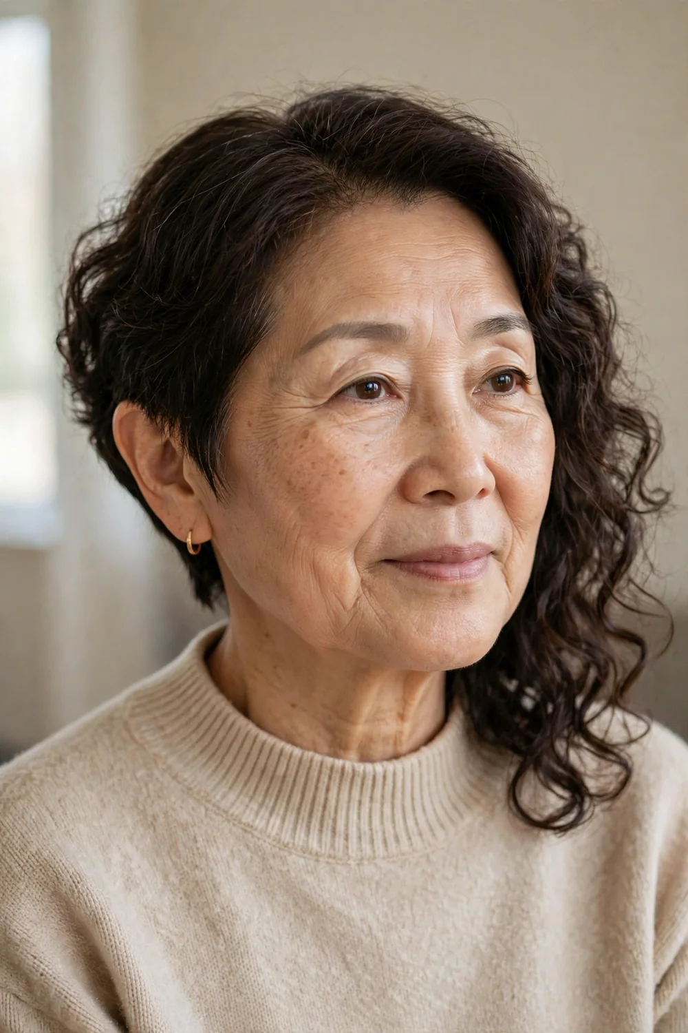 Asymmetric curly bob on older woman