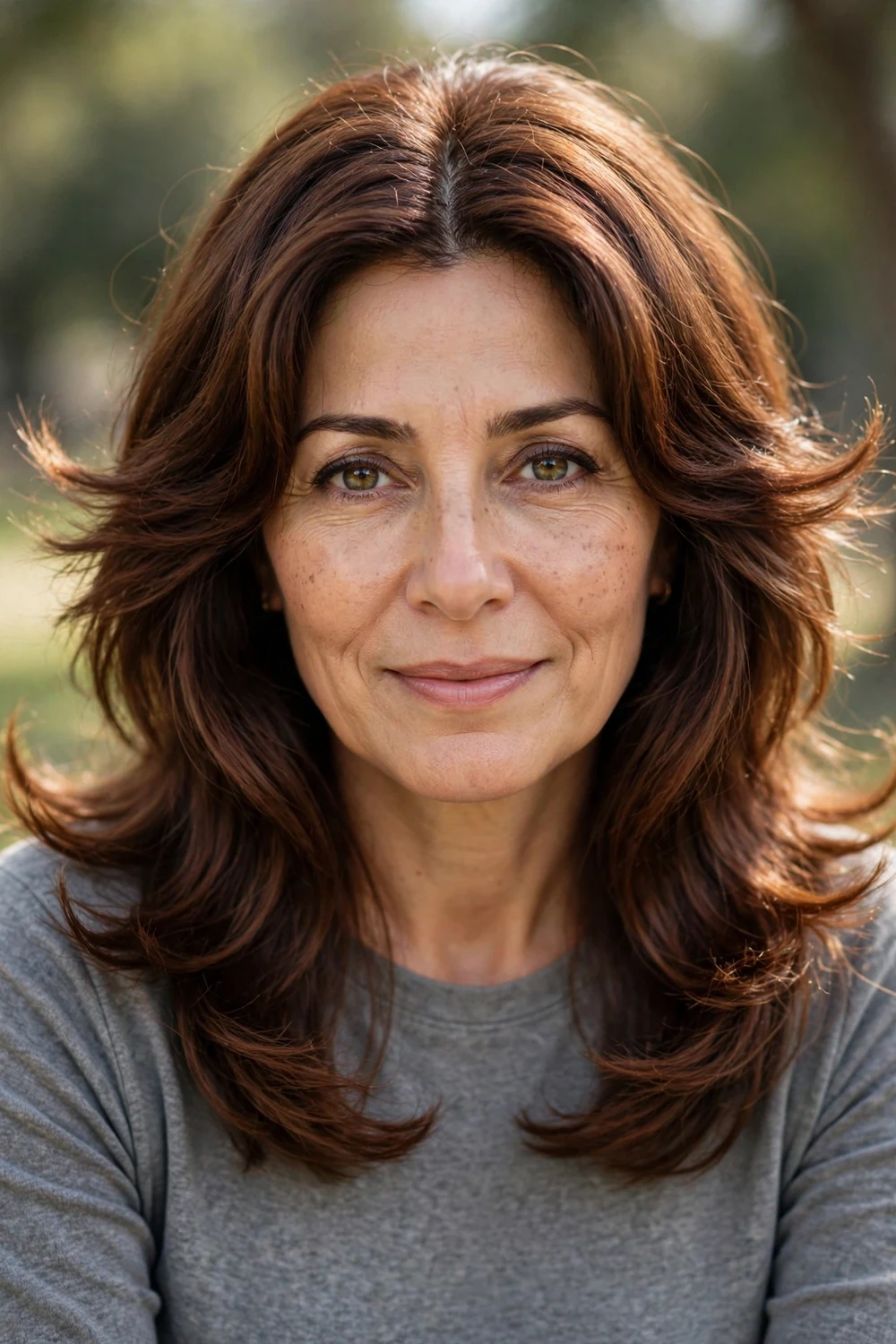 Woman with a center-part retro long shag haircut, symmetrical 70s layers with ends flat-ironed outward