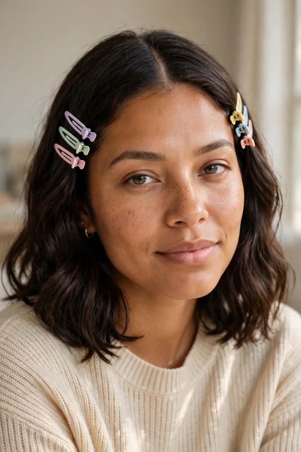 Woman with dark brown medium-length hair in a center part pinned with colorful hair clips