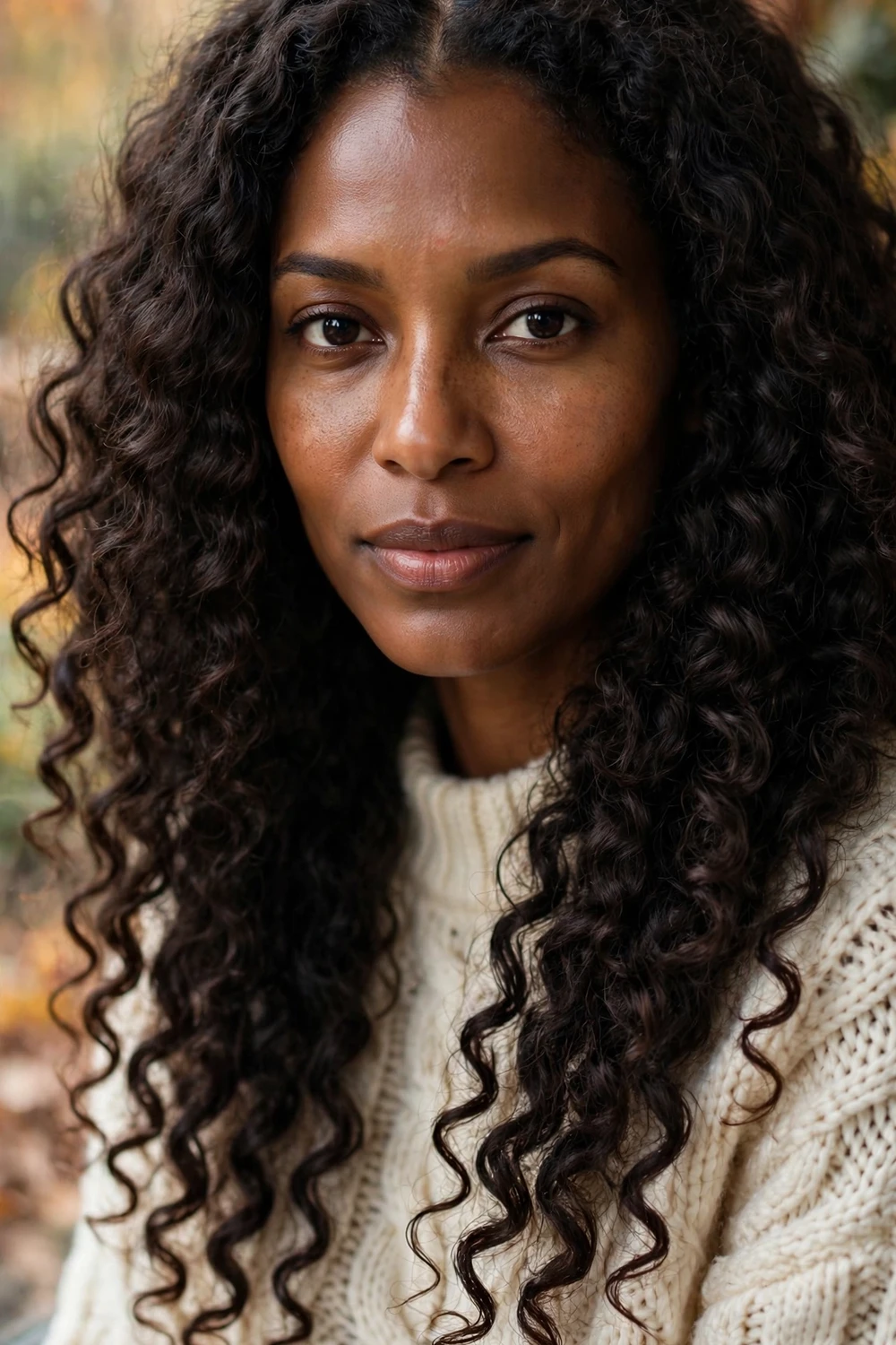 Center-parted defined curls and coils, air-dried natural hair